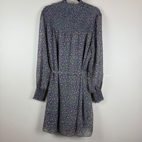 Boden Smocked Yoke Mini Dress Women's 20 Blue Pleated Tie Belt Cuff Sleeve Boho - Picture 3 of 10